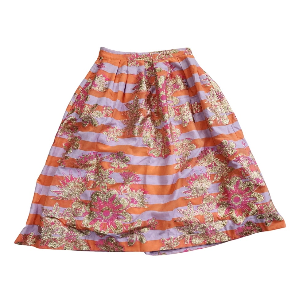Lilly Pulitzer Lauderdale Midi Skirt Papaya Metallic Floral Stripe 019345 Size 2
